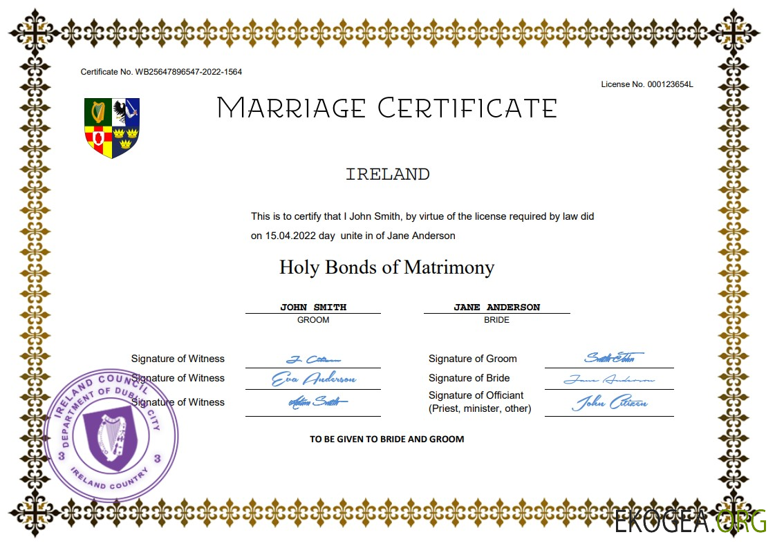 Modèle Word et PDF de certificat de mariage irlandais